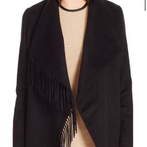 Ralph Lauren Black Fringed Double Face Wool-Blend Buckle Wrap Coat Sz M